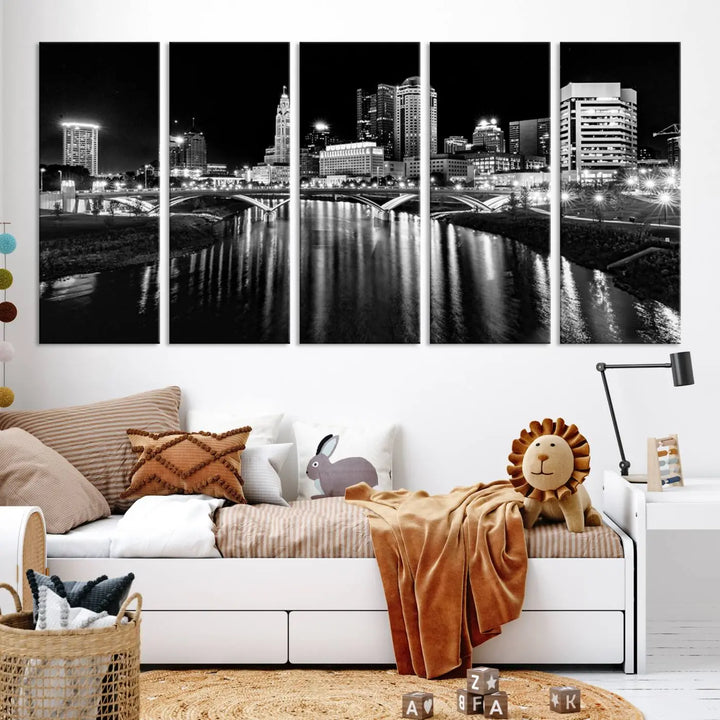 The living room features a Columbus City Lights Skyline Black and White Wall Art Cityscape Canvas Print, framed in hand-assembled frames.