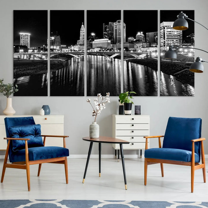 The living room features a Columbus City Lights Skyline Black and White Wall Art Cityscape Canvas Print, framed in hand-assembled frames.