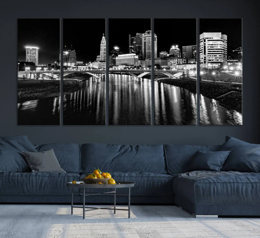 The living room features a Columbus City Lights Skyline Black and White Wall Art Cityscape Canvas Print, framed in hand-assembled frames.