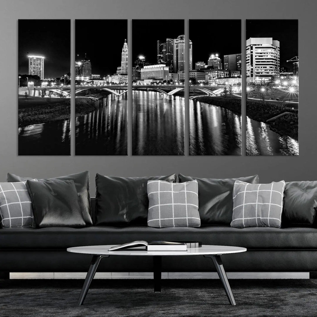 The living room features a Columbus City Lights Skyline Black and White Wall Art Cityscape Canvas Print, framed in hand-assembled frames.