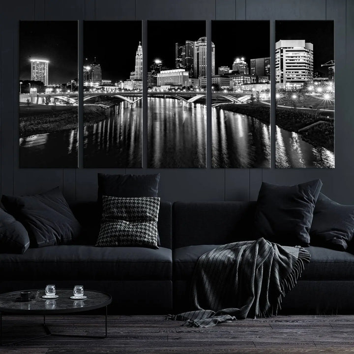 The living room features a Columbus City Lights Skyline Black and White Wall Art Cityscape Canvas Print, framed in hand-assembled frames.