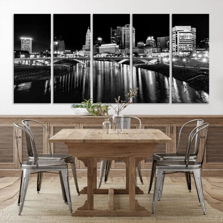 The living room features a Columbus City Lights Skyline Black and White Wall Art Cityscape Canvas Print, framed in hand-assembled frames.