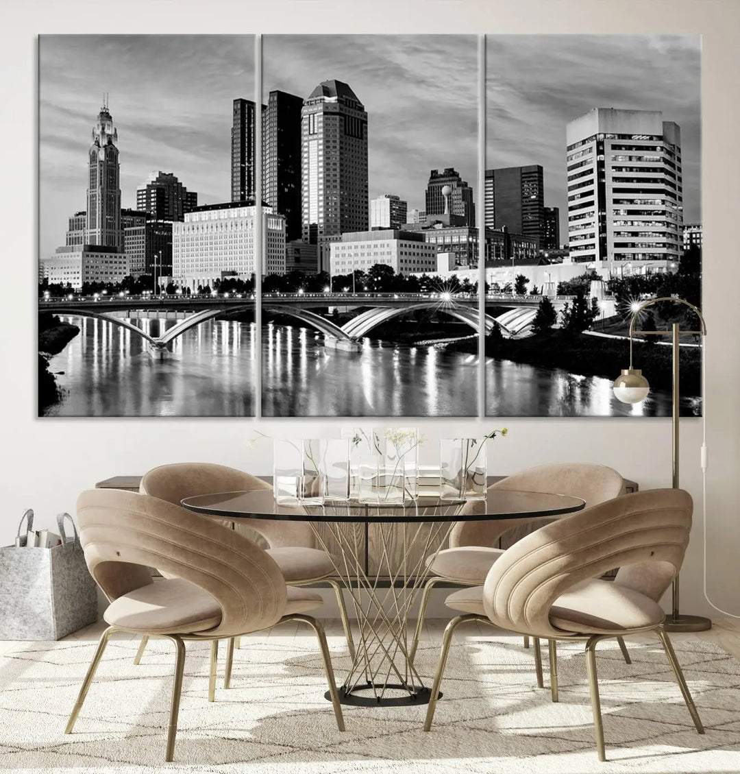 Columbus City Lights Skyline Black and White Wall Art Cityscape Canvas Print, featuring a city skyline over a river, is elegantly displayed.