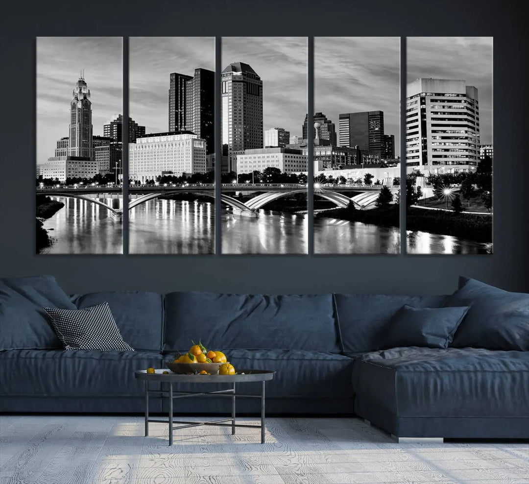 Columbus City Lights Skyline Black and White Wall Art Cityscape Canvas Print, featuring a city skyline over a river, is elegantly displayed.