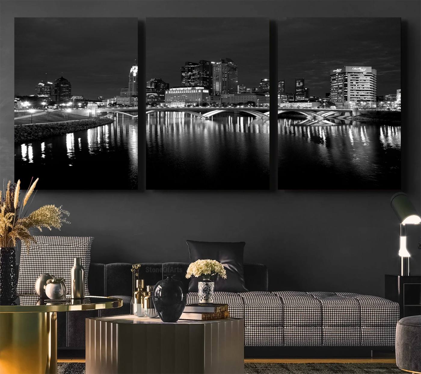 57732-MGV-CV-36X24-Columbus City Lights Skyline Canvas Print, Black and White Wall Art Cityscape Canvas Print