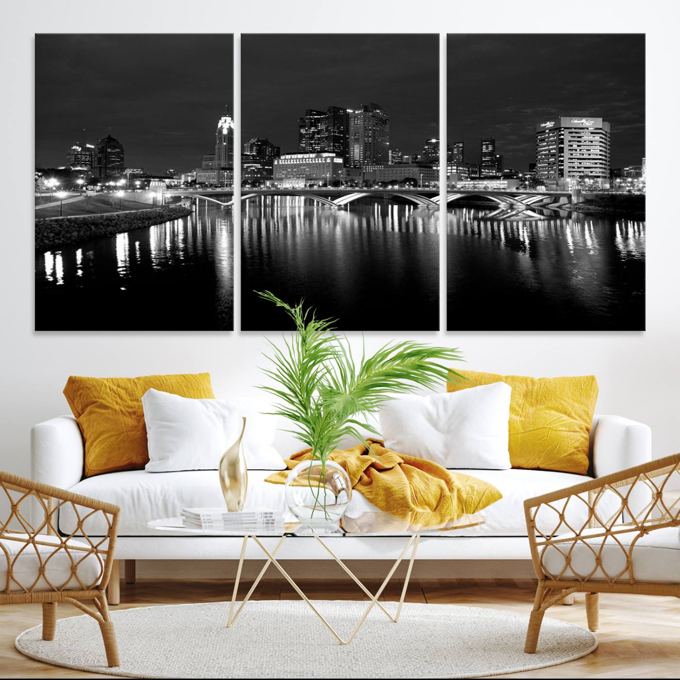 Columbus City Lights Skyline Canvas Print, Black and White Wall Art Cityscape Canvas Print