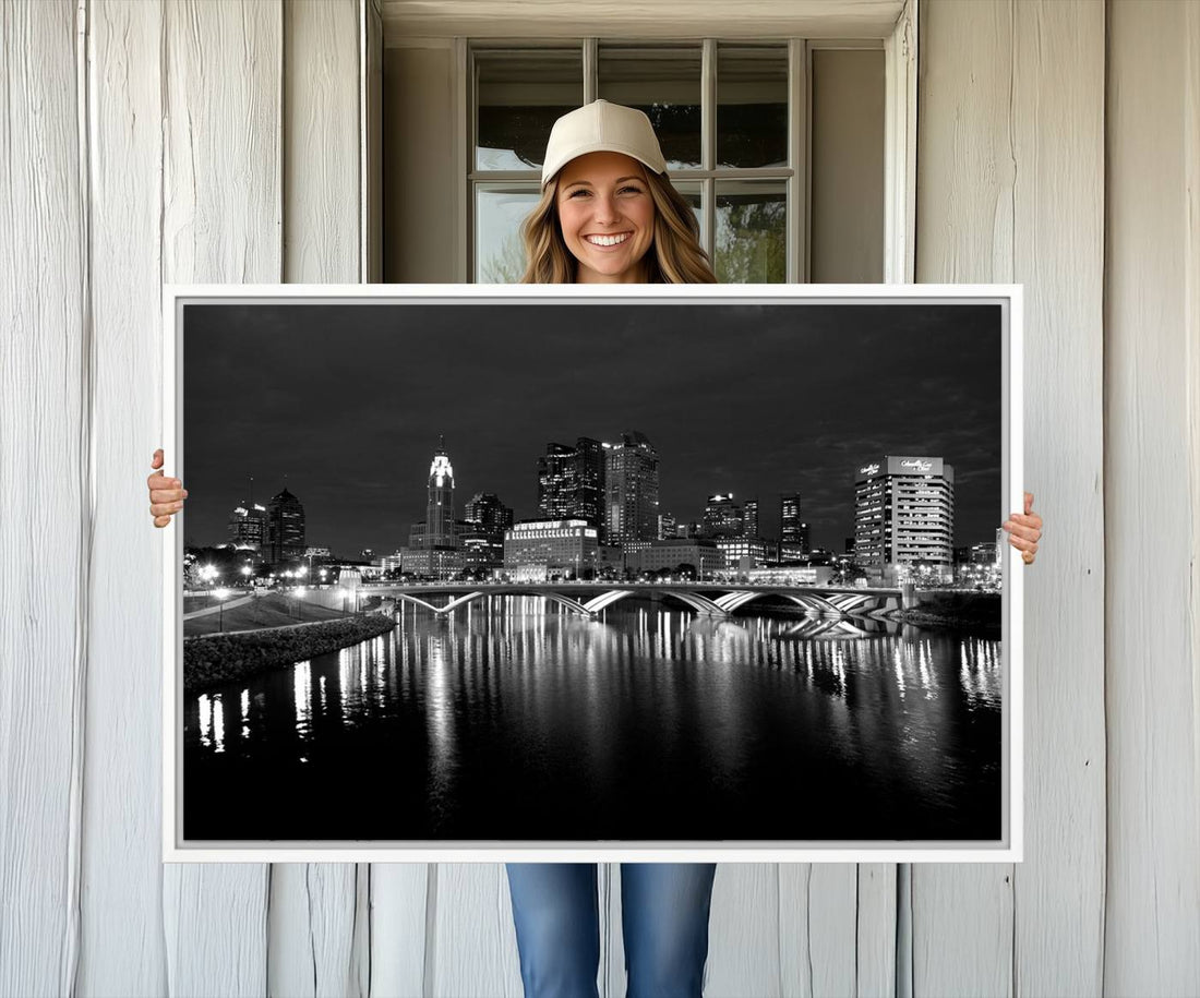 Columbus City Lights Skyline Canvas Print, Black and White Cityscape Wall Art
