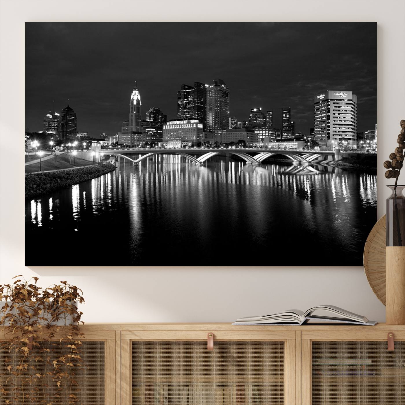 Columbus City Lights Skyline Canvas Print, Black and White Wall Art Cityscape Canvas Print