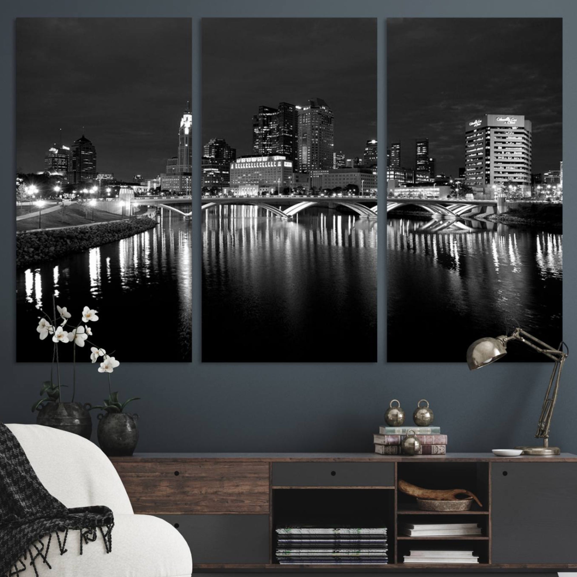 57732-MGV-CV-48X32-3P-Columbus City Lights Skyline Canvas Print, Black and White Wall Art Cityscape Canvas Print