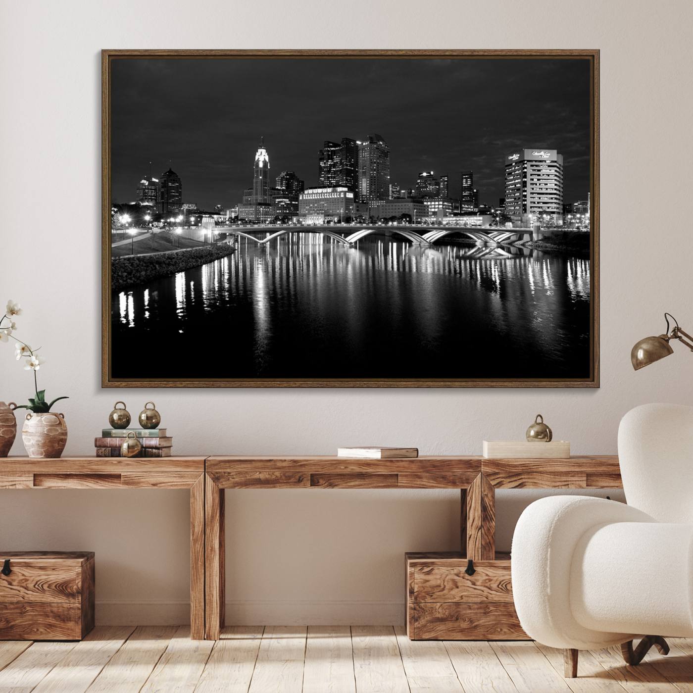 Columbus City Lights Skyline Canvas Print, Black and White Wall Art Cityscape Canvas Print
