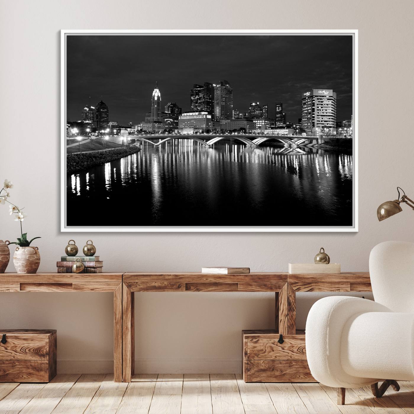 57732-MGV-FC-36X24_White-Columbus City Lights Skyline Canvas Print, Black and White Wall Art Cityscape Canvas Print