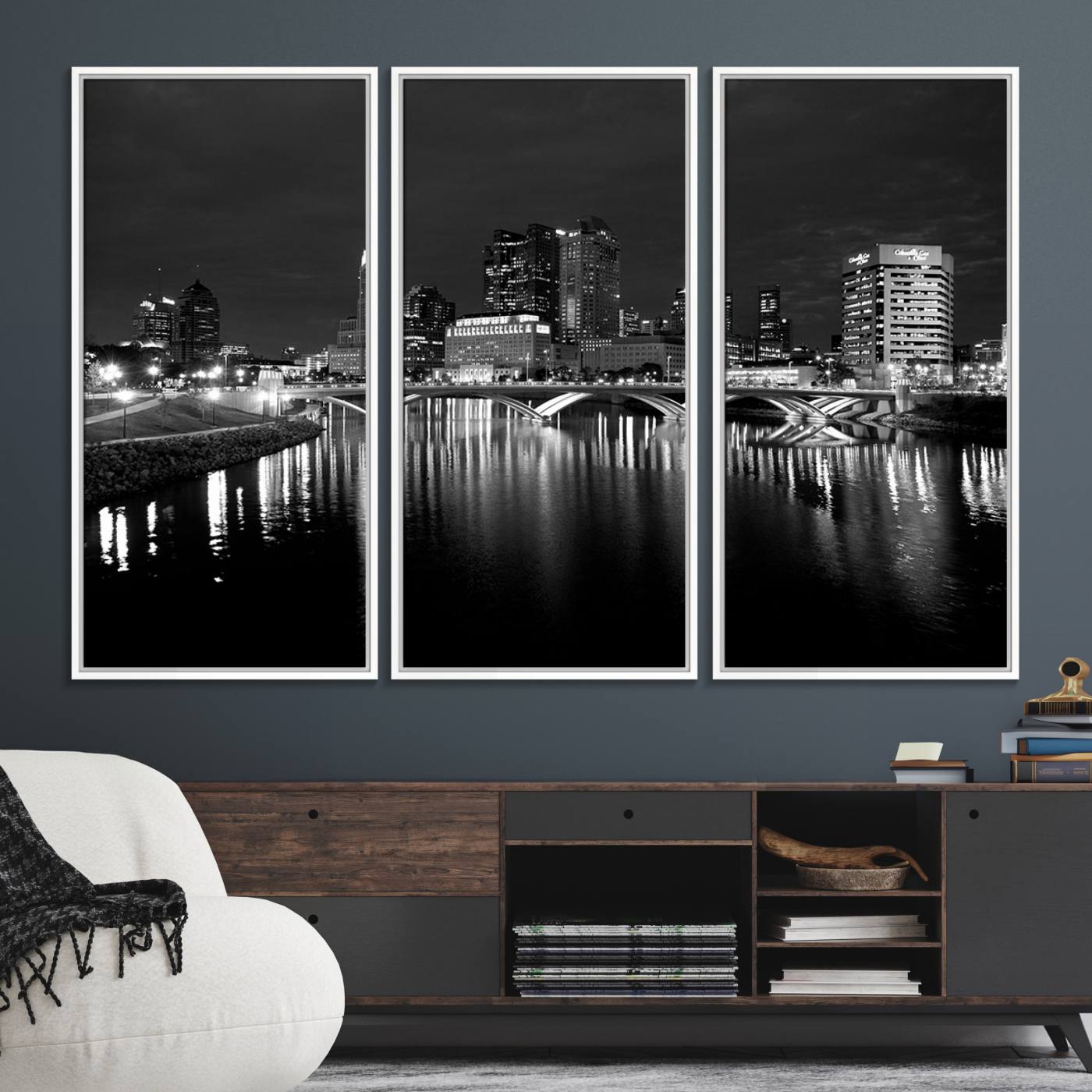 57732-MGV-FC-48X32-3P_White-Columbus City Lights Skyline Canvas Print, Black and White Wall Art Cityscape Canvas Print