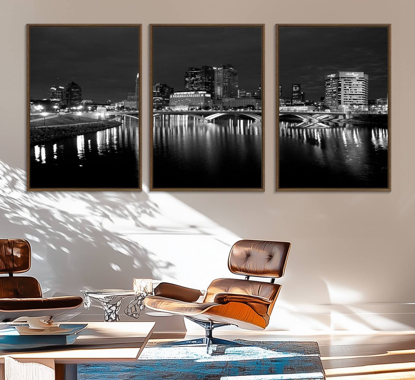 57732-MGV-FC-60X30-3P_Walnut-Columbus City Lights Skyline Canvas Print, Black and White Wall Art Cityscape Canvas Print