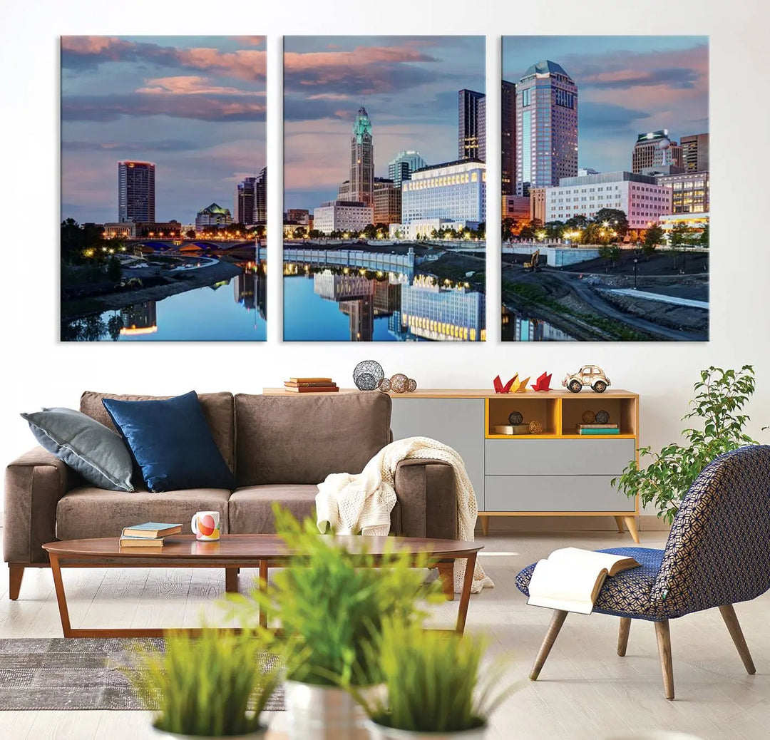 The living room showcases the "Columbus City Lights Sunset Colorful Cloudy Skyline Cityscape View Wall Art Canvas Print" adorning the wall. This museum-quality canvas, with its vibrant skyline, brings an artistic touch to the space.