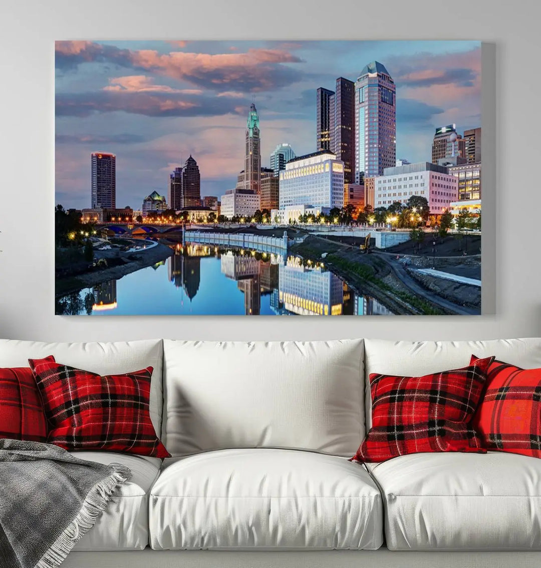 The living room showcases the "Columbus City Lights Sunset Colorful Cloudy Skyline Cityscape View Wall Art Canvas Print" adorning the wall. This museum-quality canvas, with its vibrant skyline, brings an artistic touch to the space.