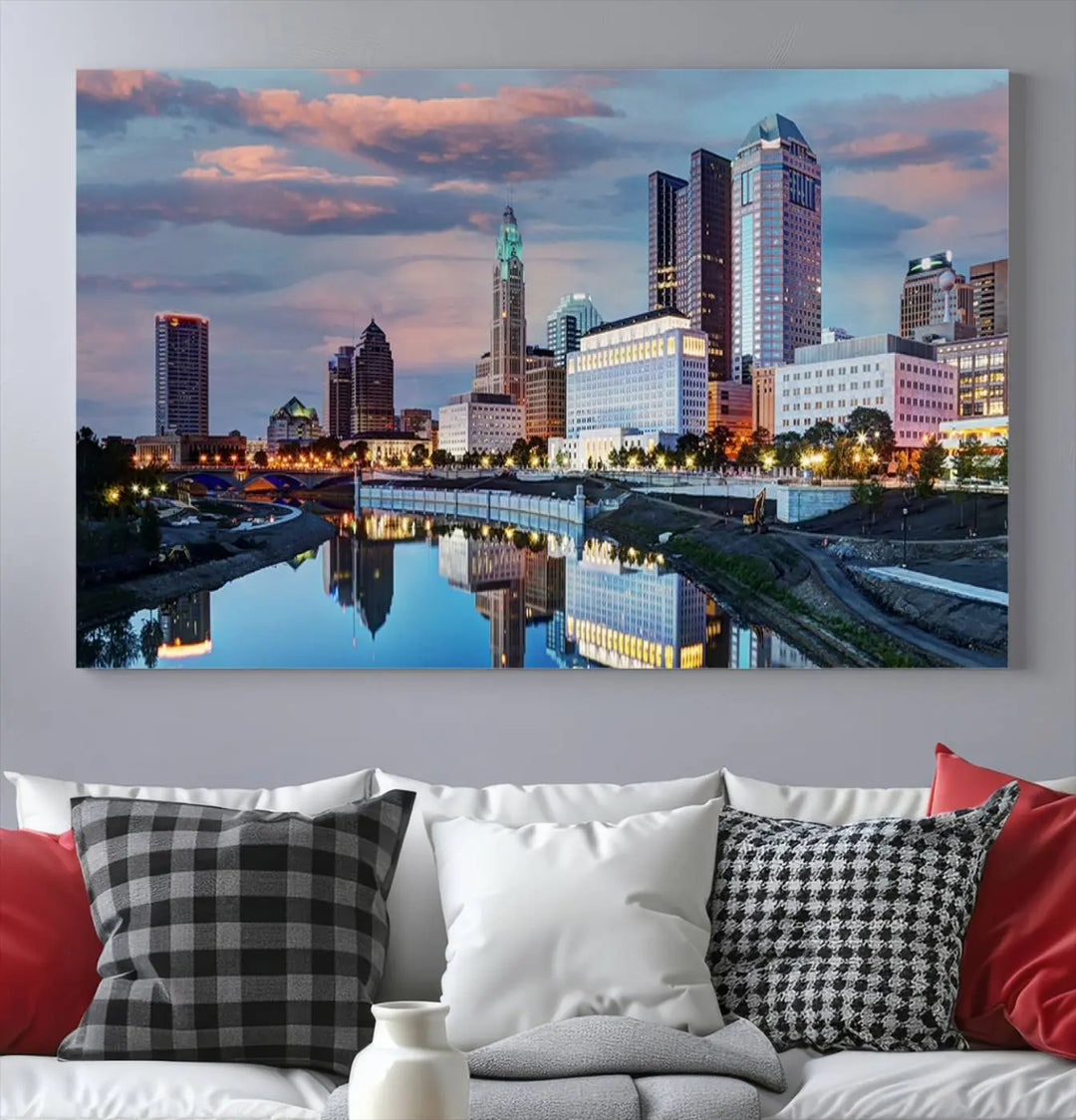 The living room showcases the "Columbus City Lights Sunset Colorful Cloudy Skyline Cityscape View Wall Art Canvas Print" adorning the wall. This museum-quality canvas, with its vibrant skyline, brings an artistic touch to the space.