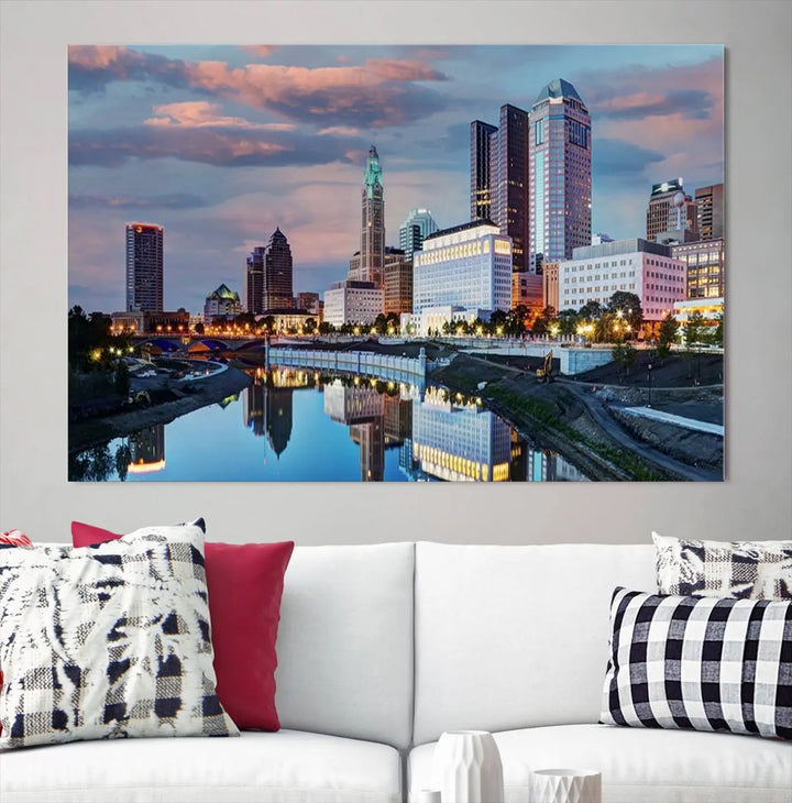 The living room showcases the "Columbus City Lights Sunset Colorful Cloudy Skyline Cityscape View Wall Art Canvas Print" adorning the wall. This museum-quality canvas, with its vibrant skyline, brings an artistic touch to the space.