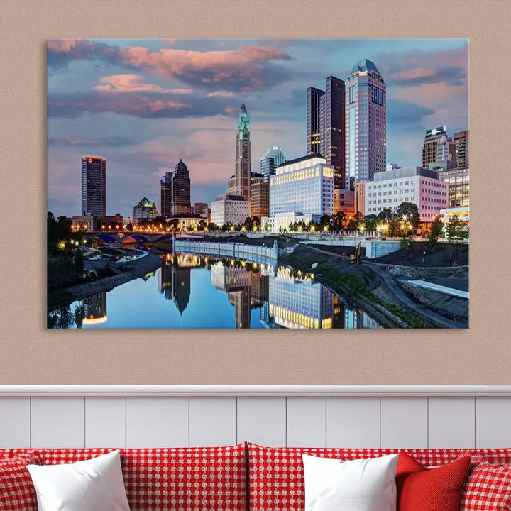 The living room showcases the "Columbus City Lights Sunset Colorful Cloudy Skyline Cityscape View Wall Art Canvas Print" adorning the wall. This museum-quality canvas, with its vibrant skyline, brings an artistic touch to the space.