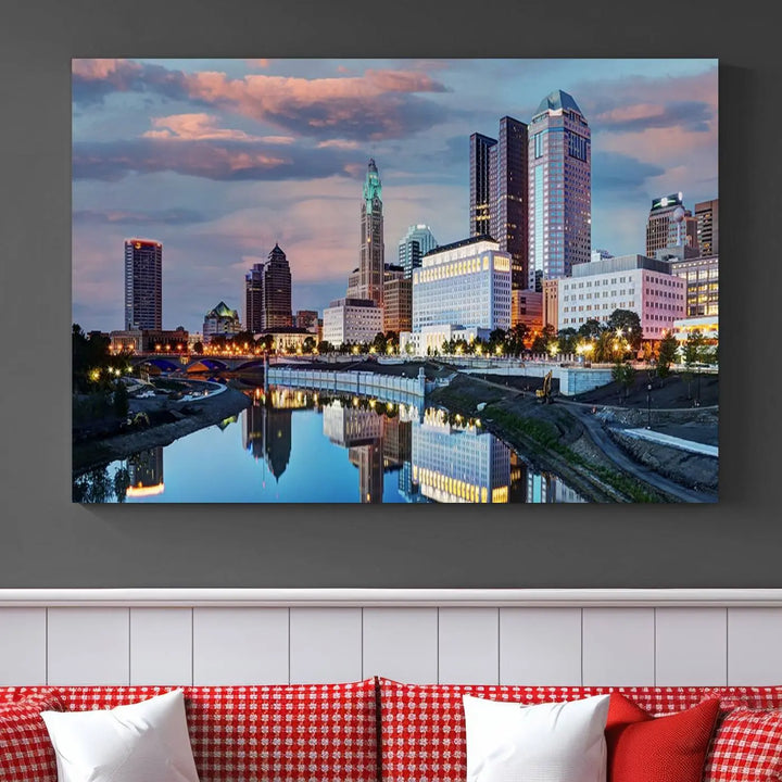 The living room showcases the "Columbus City Lights Sunset Colorful Cloudy Skyline Cityscape View Wall Art Canvas Print" adorning the wall. This museum-quality canvas, with its vibrant skyline, brings an artistic touch to the space.