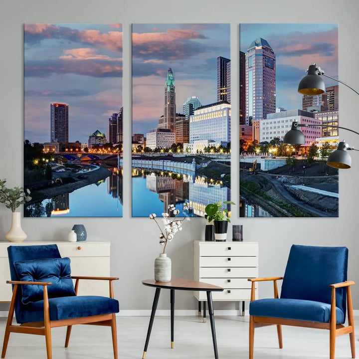 The living room showcases the "Columbus City Lights Sunset Colorful Cloudy Skyline Cityscape View Wall Art Canvas Print" adorning the wall. This museum-quality canvas, with its vibrant skyline, brings an artistic touch to the space.