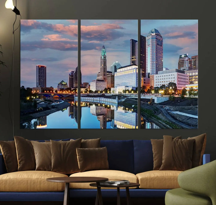 The living room showcases the "Columbus City Lights Sunset Colorful Cloudy Skyline Cityscape View Wall Art Canvas Print" adorning the wall. This museum-quality canvas, with its vibrant skyline, brings an artistic touch to the space.