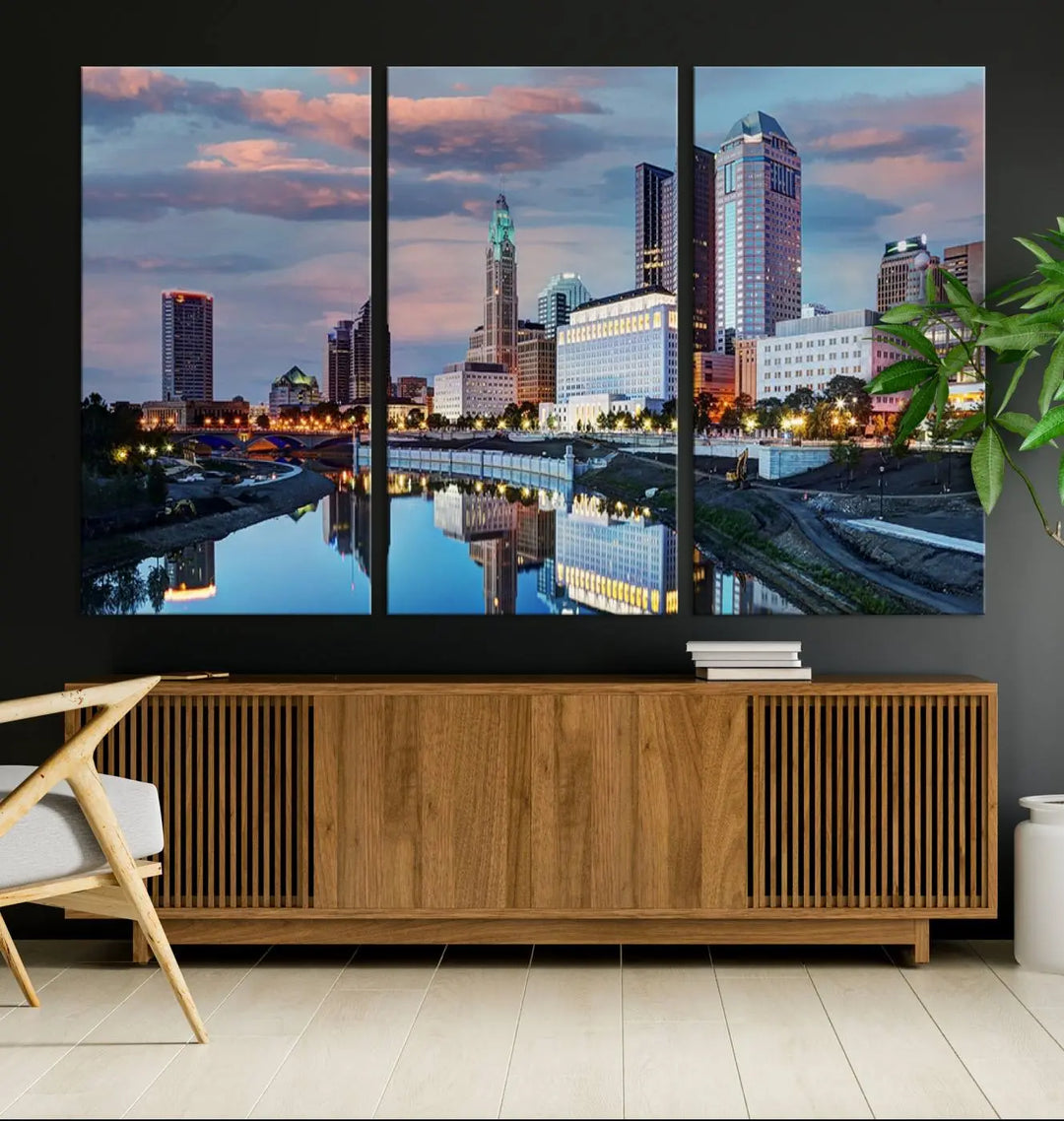 The living room showcases the "Columbus City Lights Sunset Colorful Cloudy Skyline Cityscape View Wall Art Canvas Print" adorning the wall. This museum-quality canvas, with its vibrant skyline, brings an artistic touch to the space.