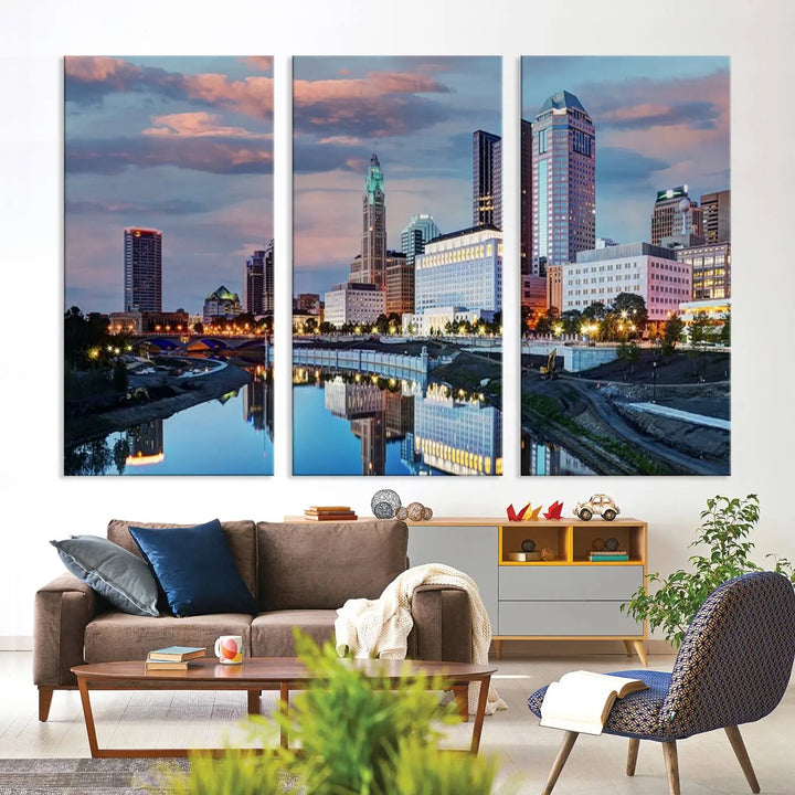 The living room showcases the "Columbus City Lights Sunset Colorful Cloudy Skyline Cityscape View Wall Art Canvas Print" adorning the wall. This museum-quality canvas, with its vibrant skyline, brings an artistic touch to the space.