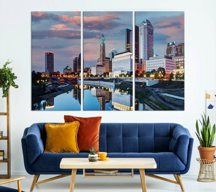 The living room showcases the "Columbus City Lights Sunset Colorful Cloudy Skyline Cityscape View Wall Art Canvas Print" adorning the wall. This museum-quality canvas, with its vibrant skyline, brings an artistic touch to the space.