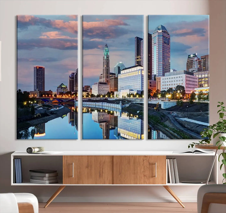 The living room showcases the "Columbus City Lights Sunset Colorful Cloudy Skyline Cityscape View Wall Art Canvas Print" adorning the wall. This museum-quality canvas, with its vibrant skyline, brings an artistic touch to the space.