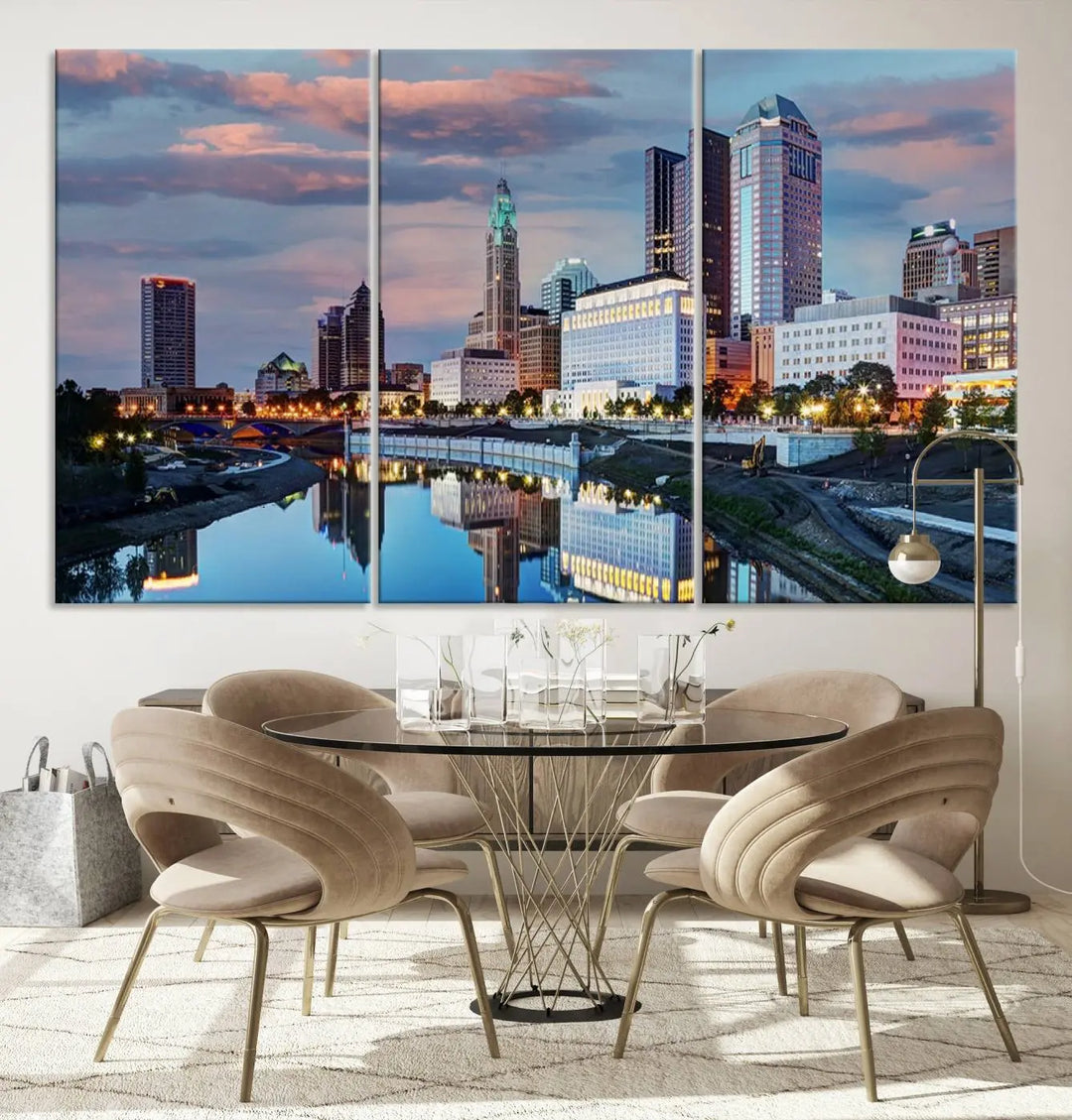 The living room showcases the "Columbus City Lights Sunset Colorful Cloudy Skyline Cityscape View Wall Art Canvas Print" adorning the wall. This museum-quality canvas, with its vibrant skyline, brings an artistic touch to the space.