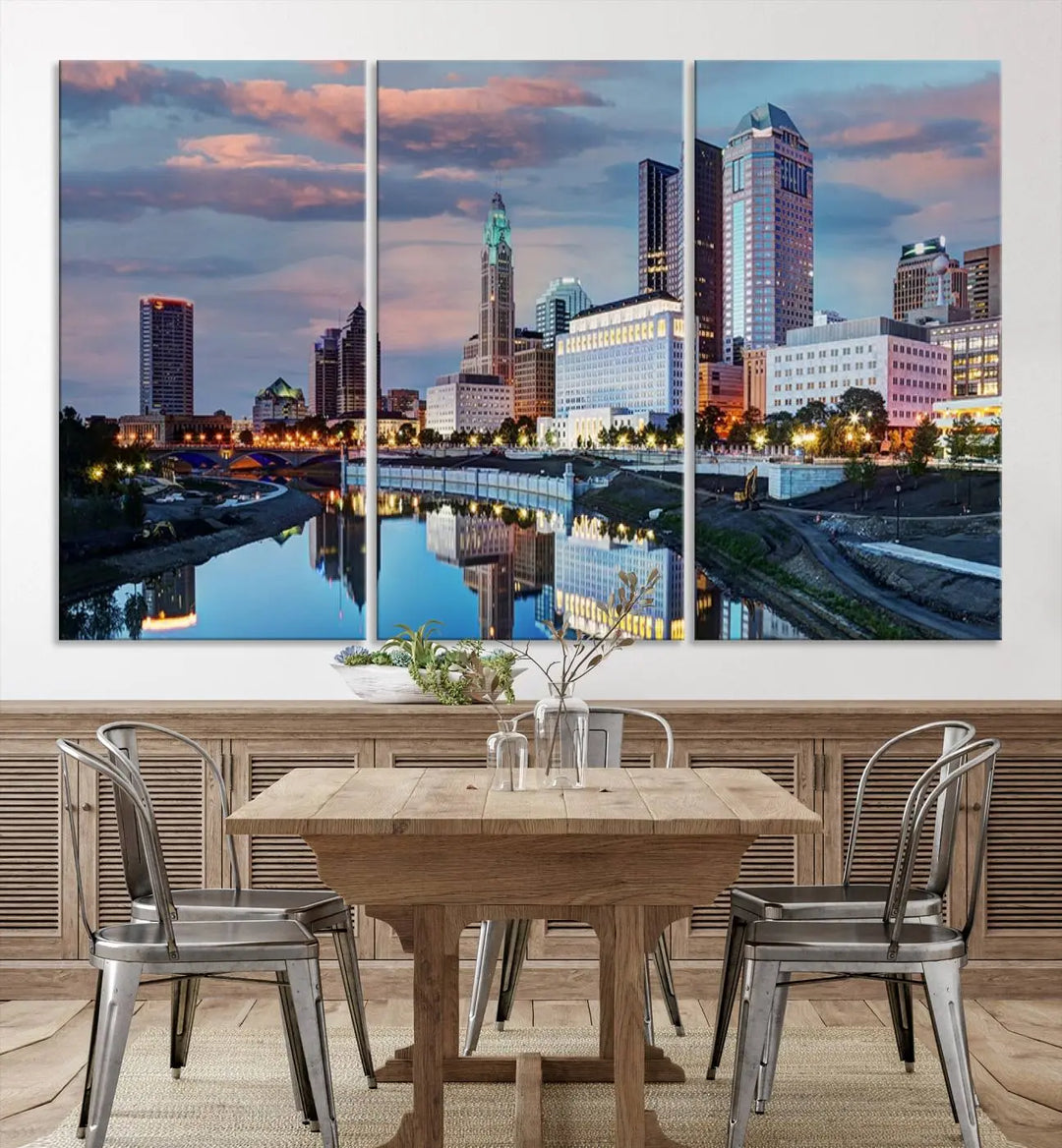 The living room showcases the "Columbus City Lights Sunset Colorful Cloudy Skyline Cityscape View Wall Art Canvas Print" adorning the wall. This museum-quality canvas, with its vibrant skyline, brings an artistic touch to the space.