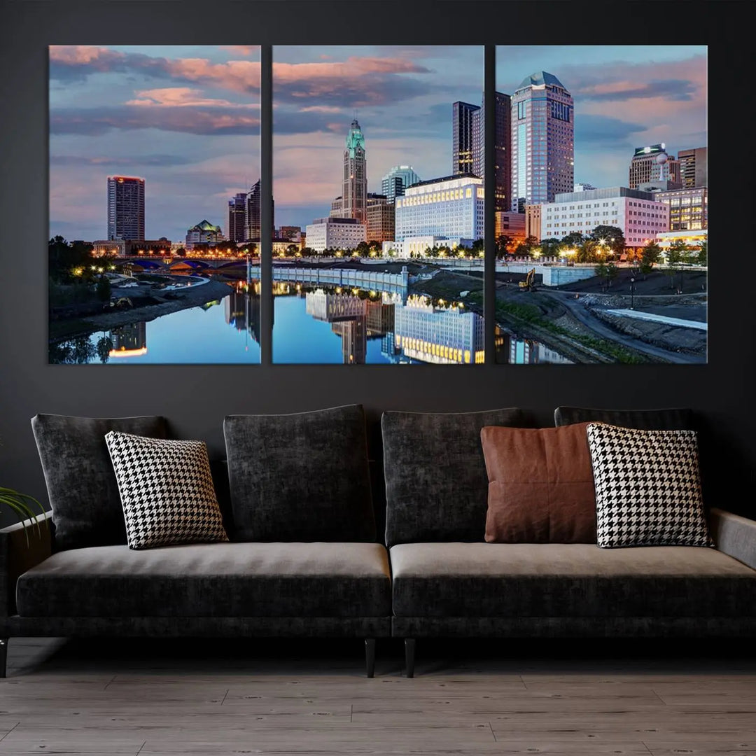 The living room showcases the "Columbus City Lights Sunset Colorful Cloudy Skyline Cityscape View Wall Art Canvas Print" adorning the wall. This museum-quality canvas, with its vibrant skyline, brings an artistic touch to the space.