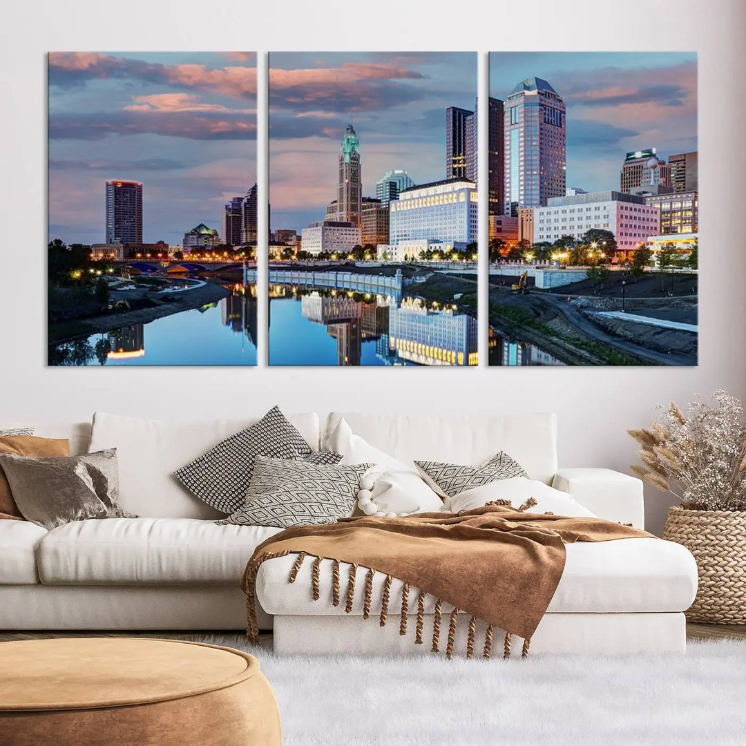 The living room showcases the "Columbus City Lights Sunset Colorful Cloudy Skyline Cityscape View Wall Art Canvas Print" adorning the wall. This museum-quality canvas, with its vibrant skyline, brings an artistic touch to the space.