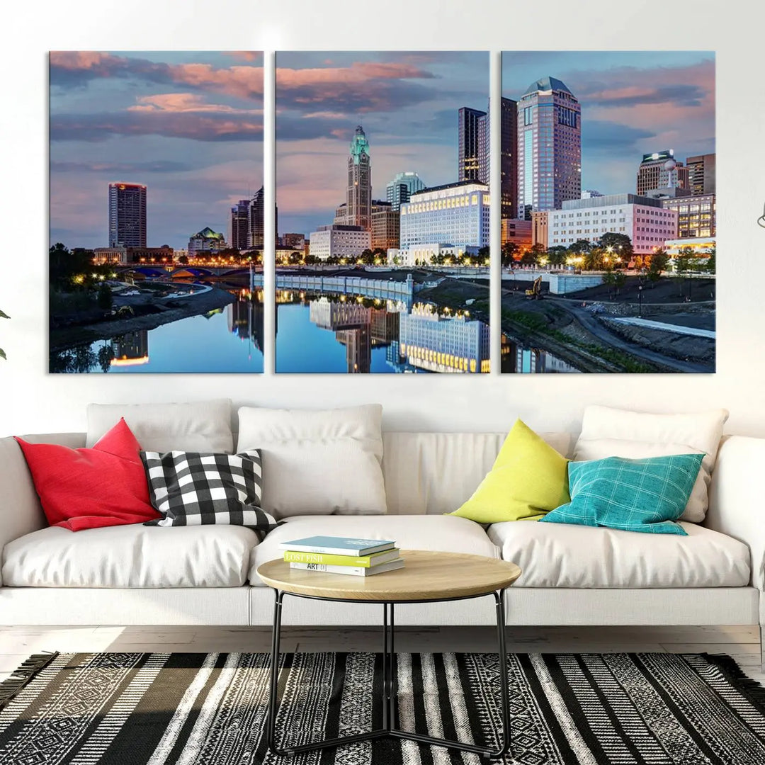 The living room showcases the "Columbus City Lights Sunset Colorful Cloudy Skyline Cityscape View Wall Art Canvas Print" adorning the wall. This museum-quality canvas, with its vibrant skyline, brings an artistic touch to the space.