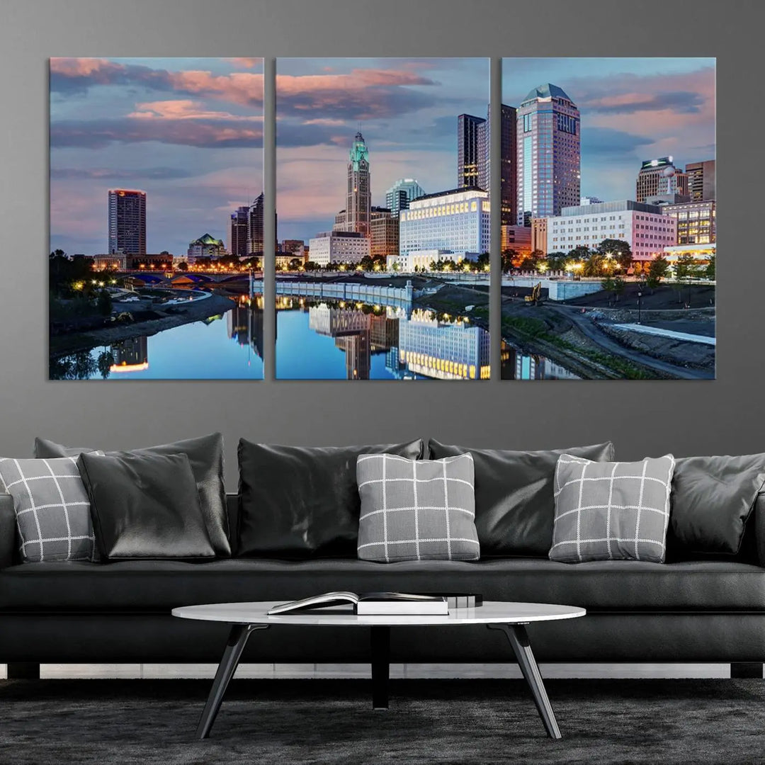 The living room showcases the "Columbus City Lights Sunset Colorful Cloudy Skyline Cityscape View Wall Art Canvas Print" adorning the wall. This museum-quality canvas, with its vibrant skyline, brings an artistic touch to the space.