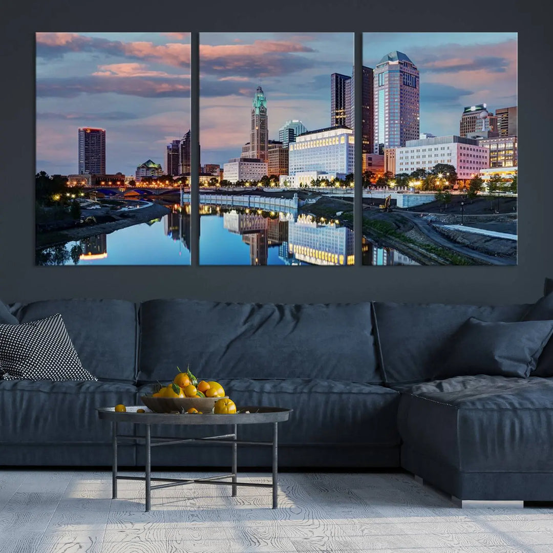 The living room showcases the "Columbus City Lights Sunset Colorful Cloudy Skyline Cityscape View Wall Art Canvas Print" adorning the wall. This museum-quality canvas, with its vibrant skyline, brings an artistic touch to the space.