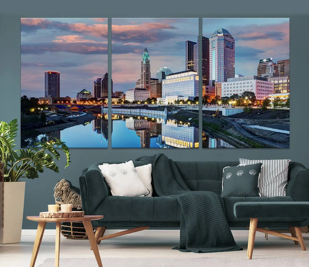 The living room showcases the "Columbus City Lights Sunset Colorful Cloudy Skyline Cityscape View Wall Art Canvas Print" adorning the wall. This museum-quality canvas, with its vibrant skyline, brings an artistic touch to the space.