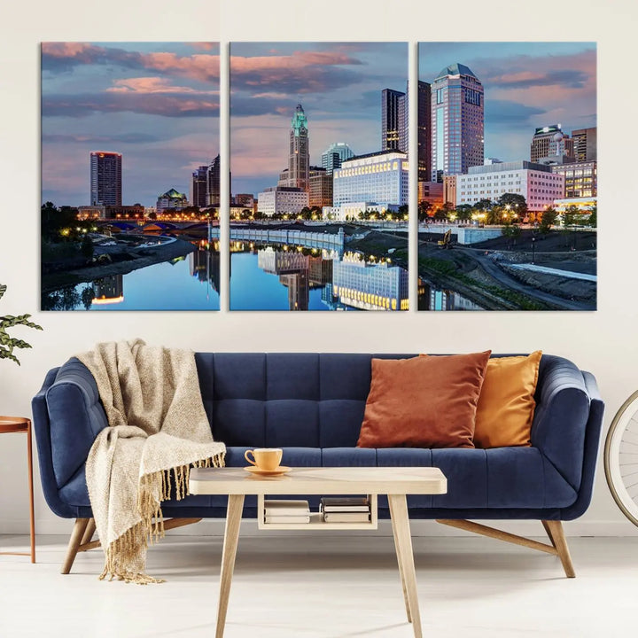 The living room showcases the "Columbus City Lights Sunset Colorful Cloudy Skyline Cityscape View Wall Art Canvas Print" adorning the wall. This museum-quality canvas, with its vibrant skyline, brings an artistic touch to the space.