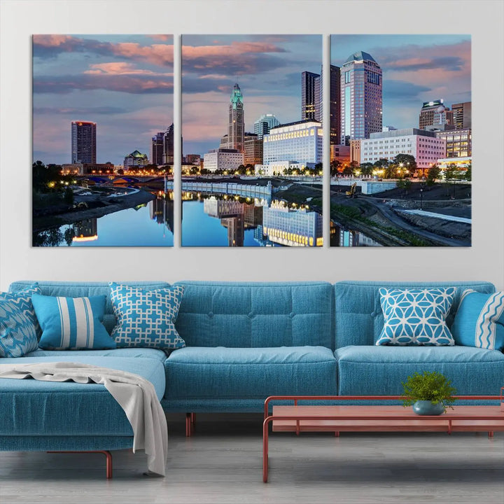 The living room showcases the "Columbus City Lights Sunset Colorful Cloudy Skyline Cityscape View Wall Art Canvas Print" adorning the wall. This museum-quality canvas, with its vibrant skyline, brings an artistic touch to the space.