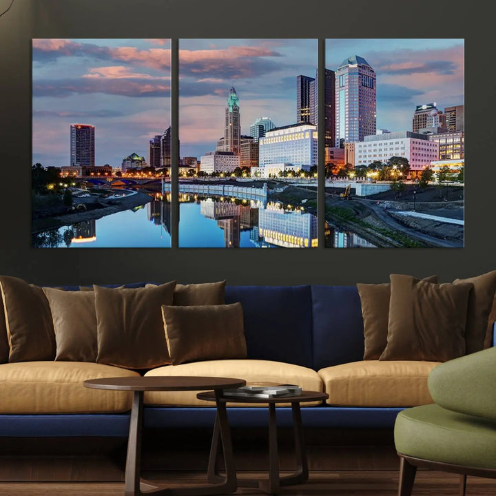 The living room showcases the "Columbus City Lights Sunset Colorful Cloudy Skyline Cityscape View Wall Art Canvas Print" adorning the wall. This museum-quality canvas, with its vibrant skyline, brings an artistic touch to the space.