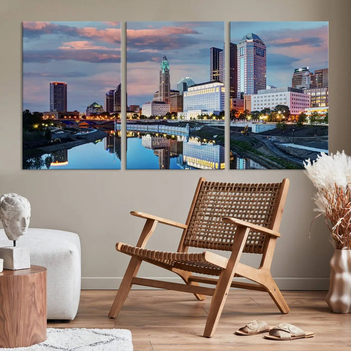 The living room showcases the "Columbus City Lights Sunset Colorful Cloudy Skyline Cityscape View Wall Art Canvas Print" adorning the wall. This museum-quality canvas, with its vibrant skyline, brings an artistic touch to the space.