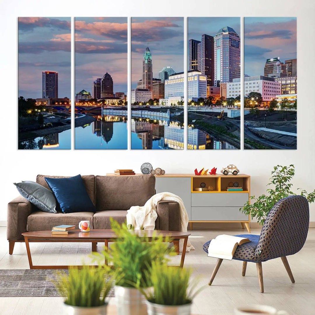 The living room showcases the "Columbus City Lights Sunset Colorful Cloudy Skyline Cityscape View Wall Art Canvas Print" adorning the wall. This museum-quality canvas, with its vibrant skyline, brings an artistic touch to the space.