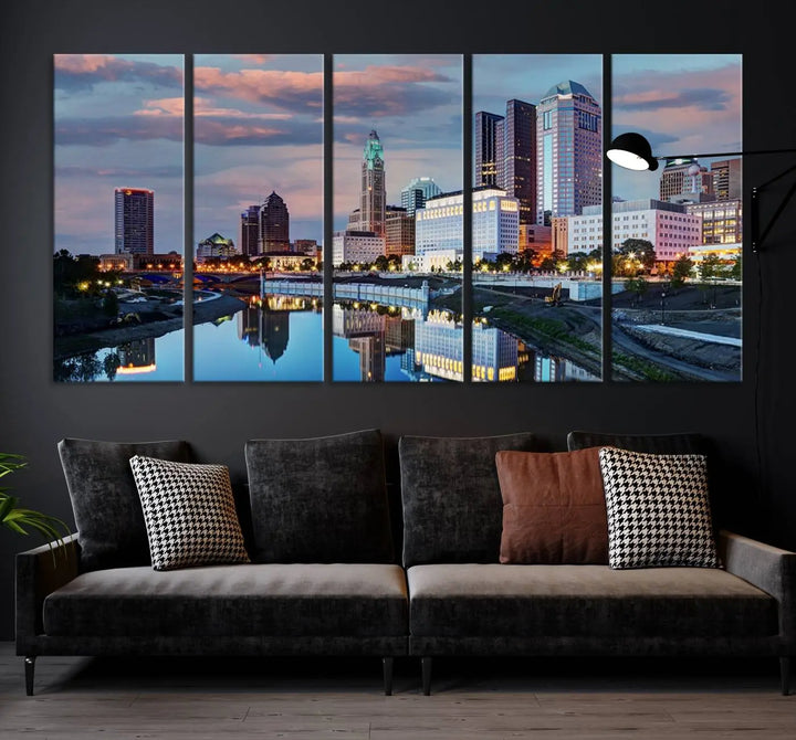 The living room showcases the "Columbus City Lights Sunset Colorful Cloudy Skyline Cityscape View Wall Art Canvas Print" adorning the wall. This museum-quality canvas, with its vibrant skyline, brings an artistic touch to the space.