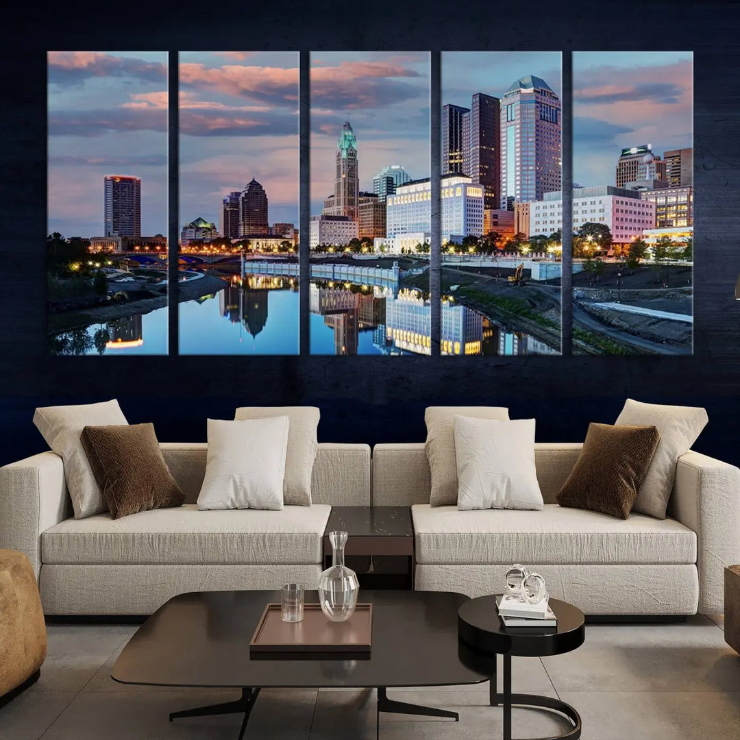 The living room showcases the "Columbus City Lights Sunset Colorful Cloudy Skyline Cityscape View Wall Art Canvas Print" adorning the wall. This museum-quality canvas, with its vibrant skyline, brings an artistic touch to the space.