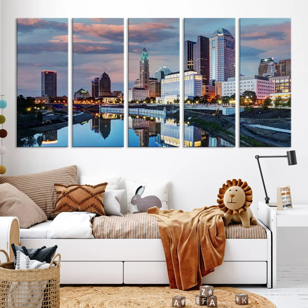 The living room showcases the "Columbus City Lights Sunset Colorful Cloudy Skyline Cityscape View Wall Art Canvas Print" adorning the wall. This museum-quality canvas, with its vibrant skyline, brings an artistic touch to the space.