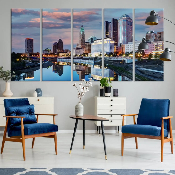 The living room showcases the "Columbus City Lights Sunset Colorful Cloudy Skyline Cityscape View Wall Art Canvas Print" adorning the wall. This museum-quality canvas, with its vibrant skyline, brings an artistic touch to the space.