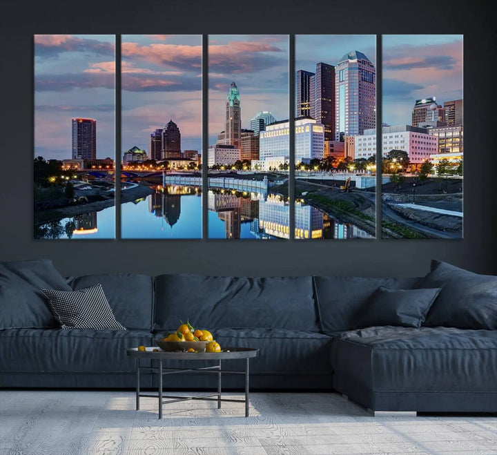 The living room showcases the "Columbus City Lights Sunset Colorful Cloudy Skyline Cityscape View Wall Art Canvas Print" adorning the wall. This museum-quality canvas, with its vibrant skyline, brings an artistic touch to the space.