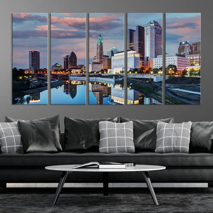 The living room showcases the "Columbus City Lights Sunset Colorful Cloudy Skyline Cityscape View Wall Art Canvas Print" adorning the wall. This museum-quality canvas, with its vibrant skyline, brings an artistic touch to the space.