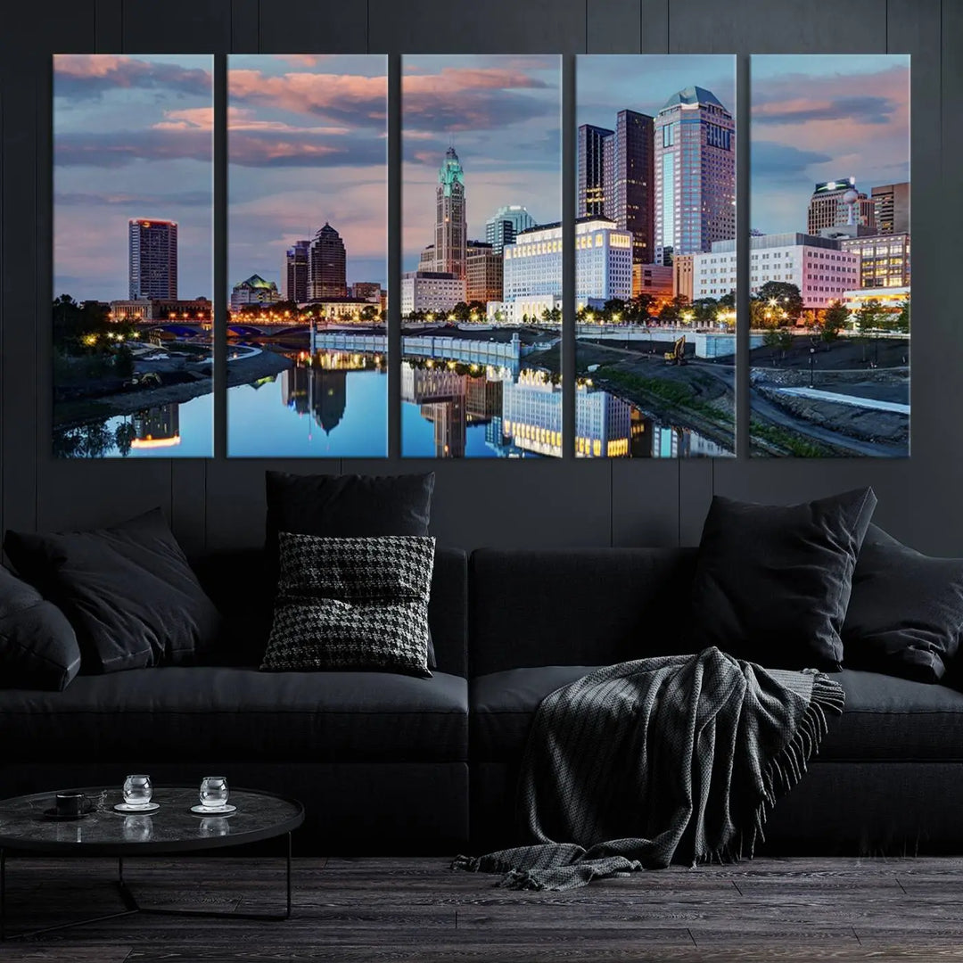 The living room showcases the "Columbus City Lights Sunset Colorful Cloudy Skyline Cityscape View Wall Art Canvas Print" adorning the wall. This museum-quality canvas, with its vibrant skyline, brings an artistic touch to the space.