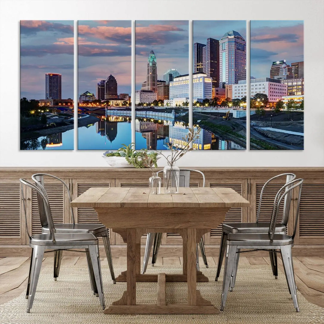 The living room showcases the "Columbus City Lights Sunset Colorful Cloudy Skyline Cityscape View Wall Art Canvas Print" adorning the wall. This museum-quality canvas, with its vibrant skyline, brings an artistic touch to the space.